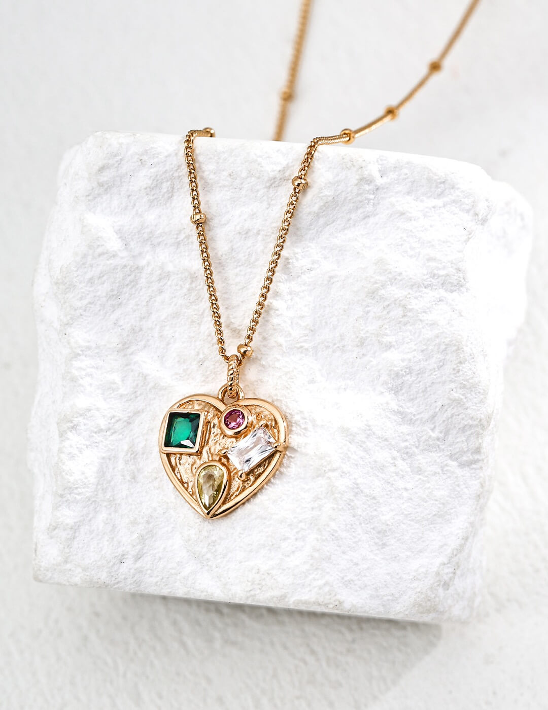 Vintage Cubic Zirconia Heart Necklace, Gold-Plated S925 Silver
