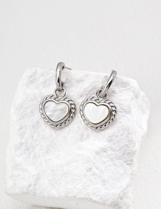 Elegant Vintage Heart Earrings with White Mother-of-Pearl, S925 Gold-Plated