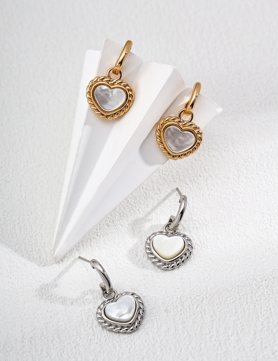 Elegant Vintage Heart Earrings with White Mother-of-Pearl, S925 Gold-Plated