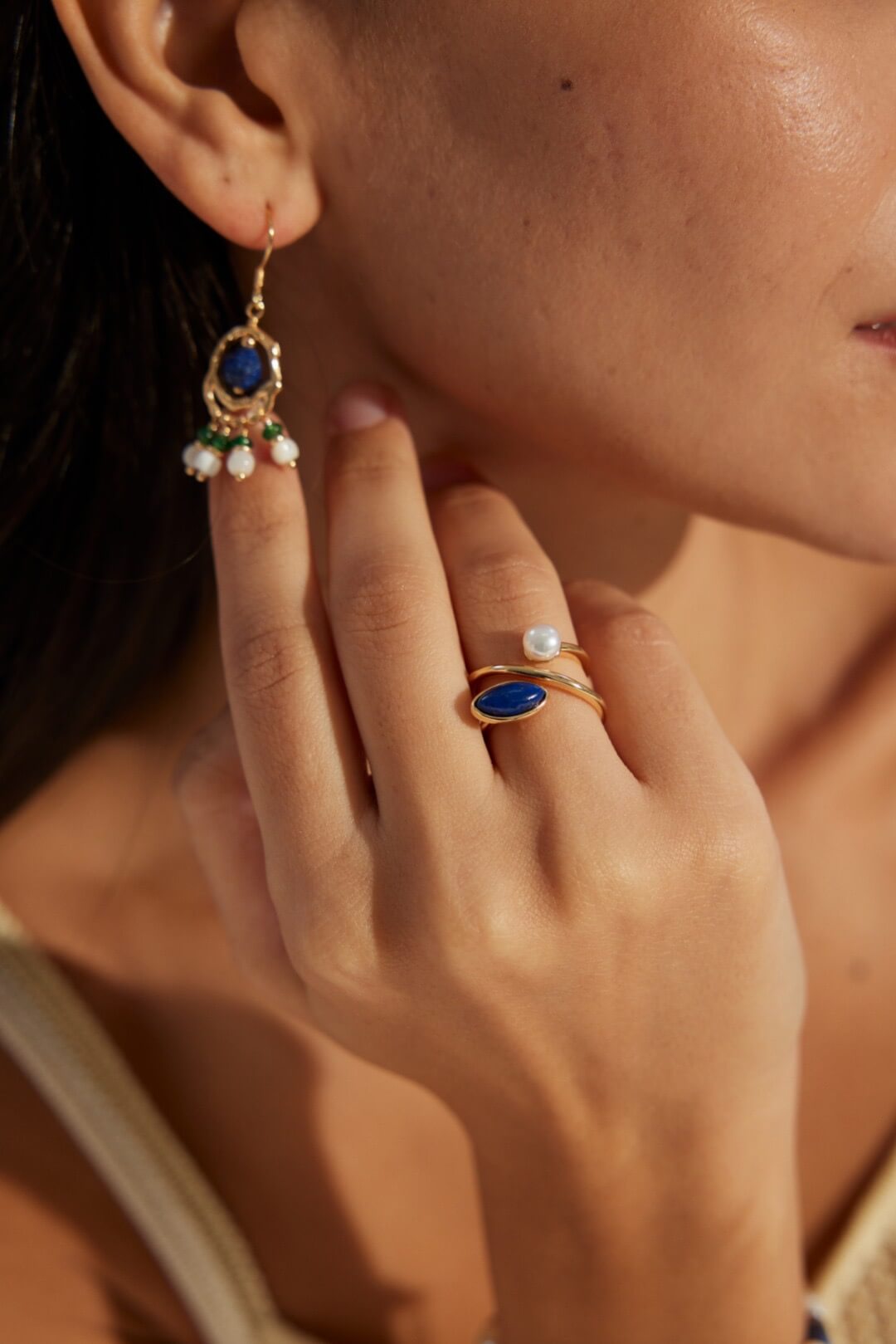 Minimalist Lapis Lazuli & Pearl Ring, S925 Gold-Plated Silver