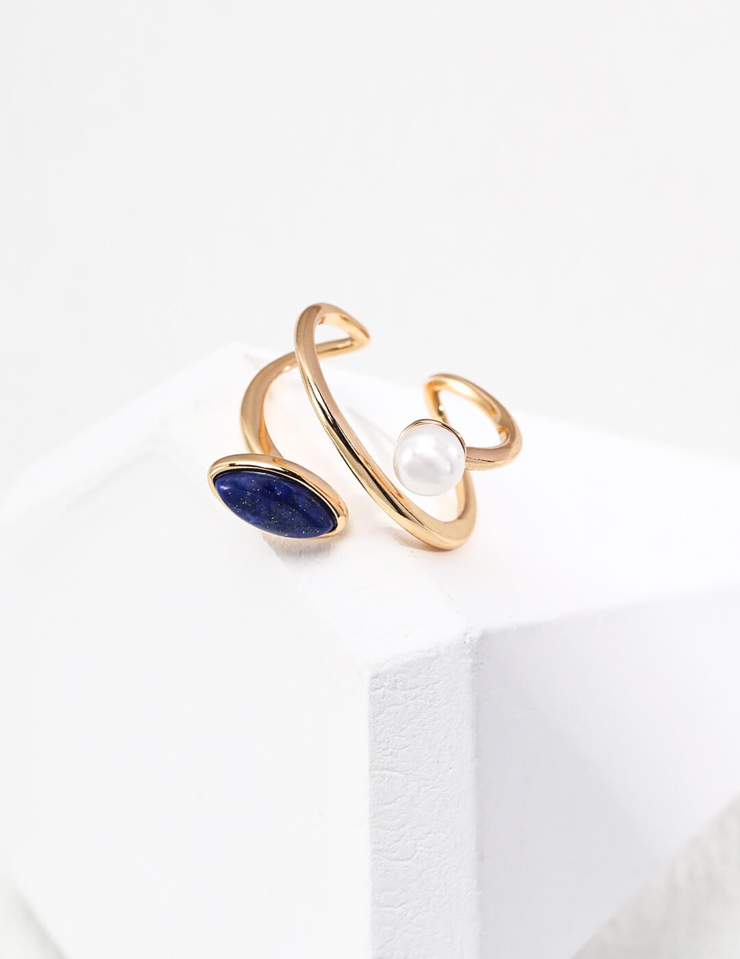 Minimalist Lapis Lazuli & Pearl Ring, S925 Gold-Plated Silver