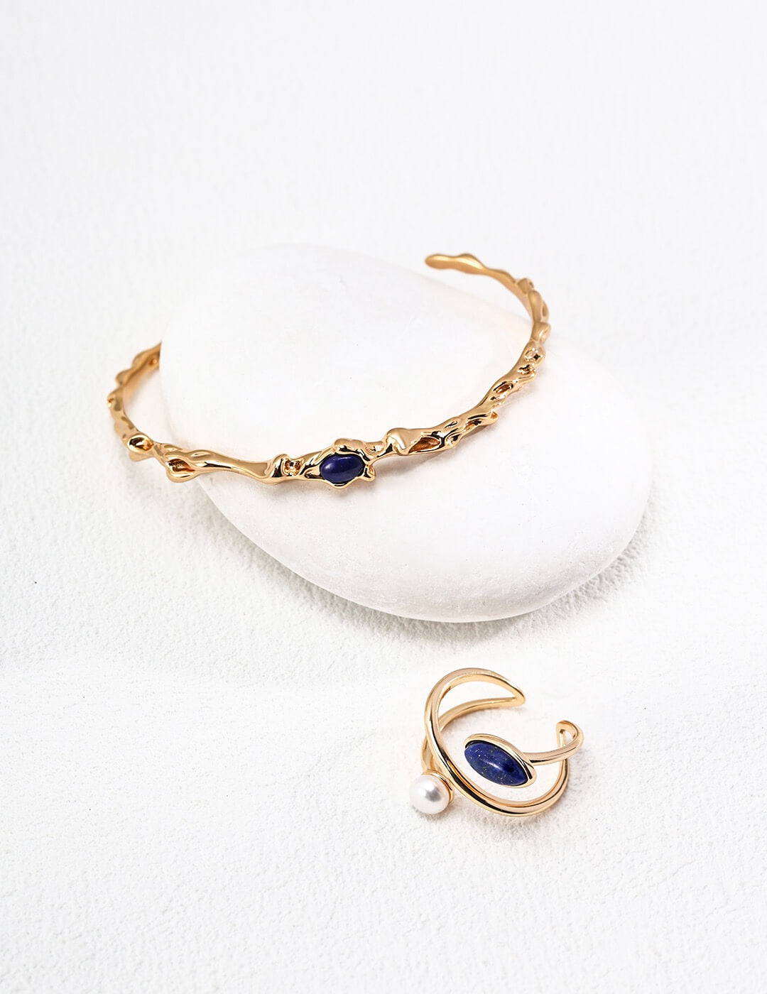 Minimalist Lapis Lazuli & Pearl Ring, S925 Gold-Plated Silver