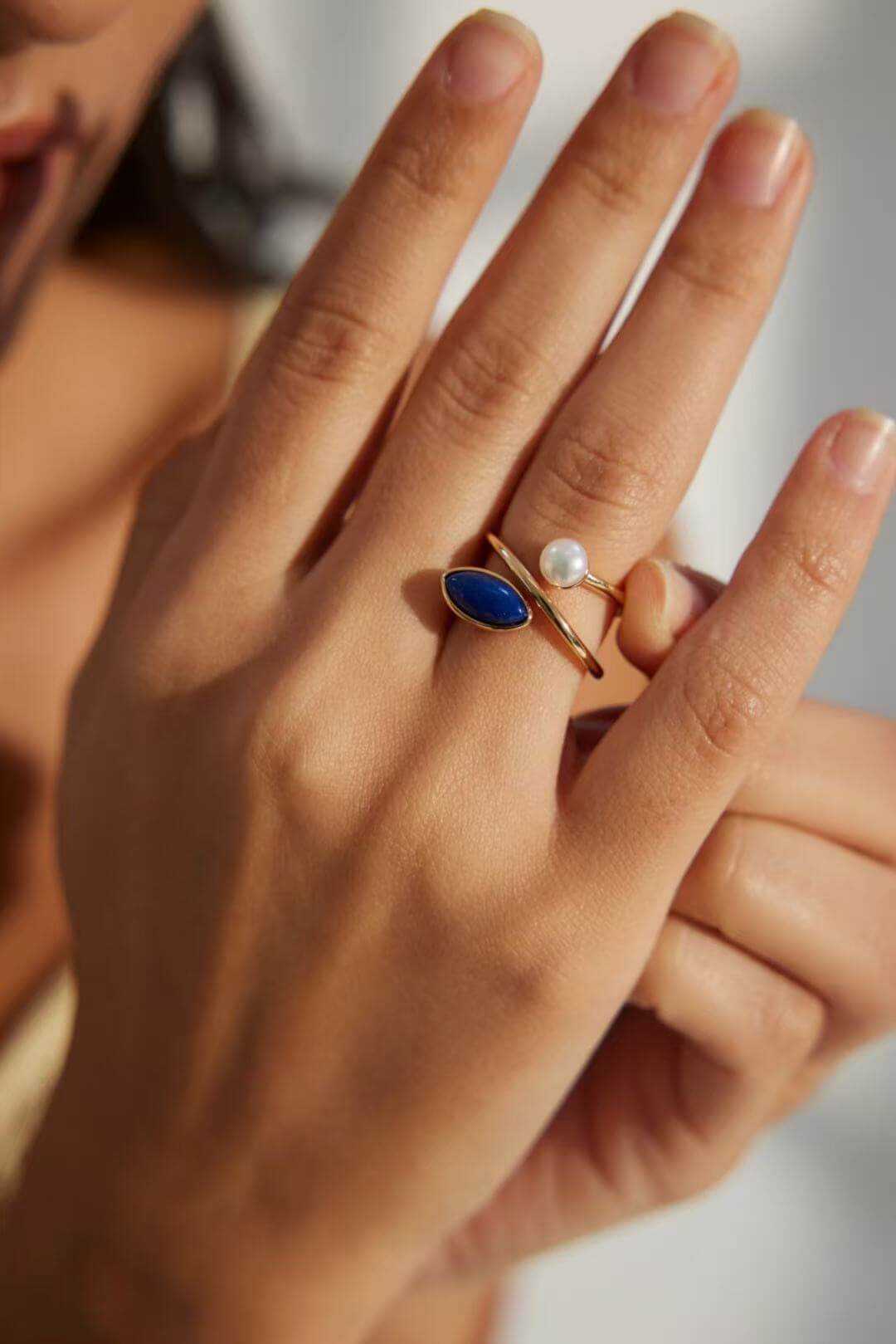 Minimalist Lapis Lazuli & Pearl Ring, S925 Gold-Plated Silver