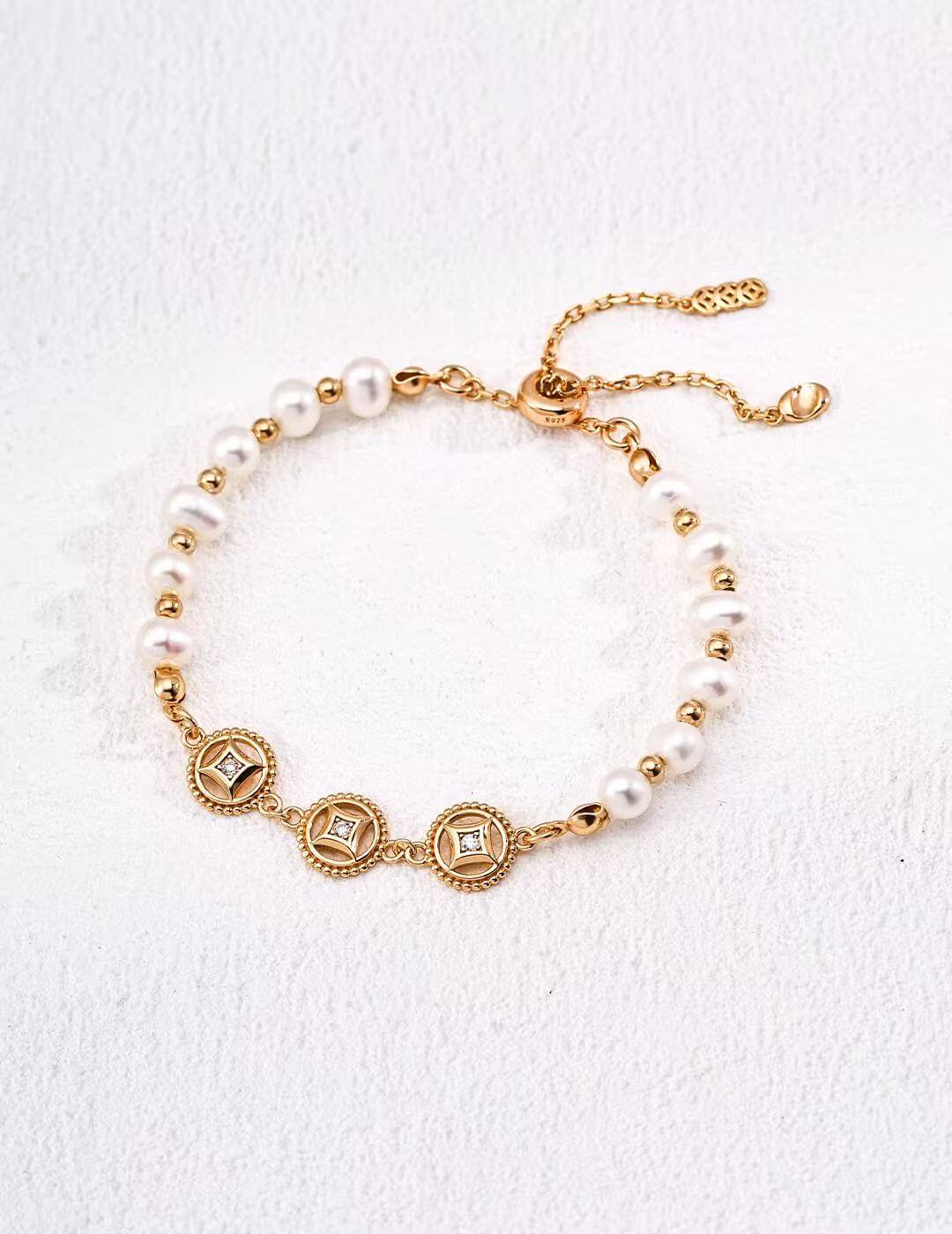 Fortune Series Pearl & Gold Chain Bracelet, Gold-Plated S925 Silver