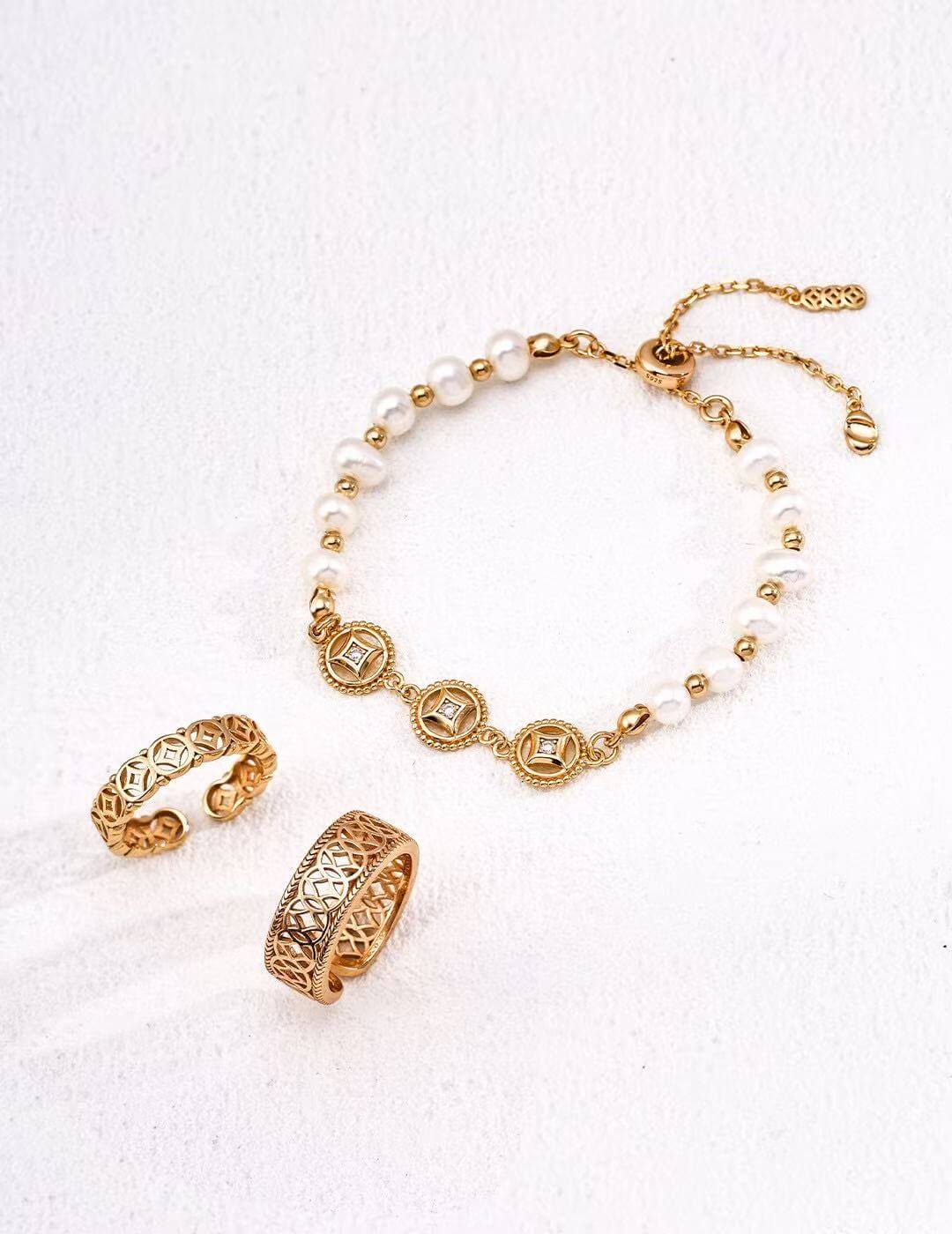 Fortune Series Pearl & Gold Chain Bracelet, Gold-Plated S925 Silver
