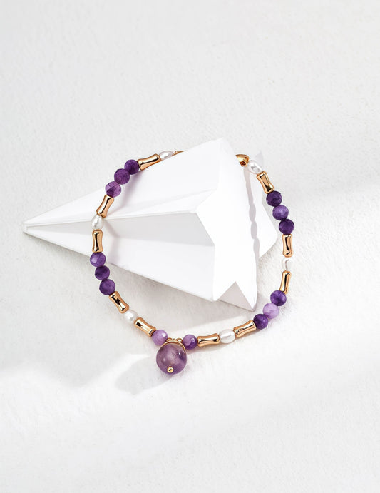 S925 Sterling Silver Pearl & Amethyst Gemstone Bracelet
