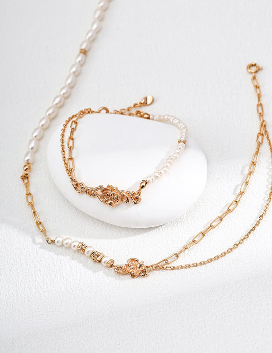S925 Silver Vintage Pearl Jewelry Set (Necklace & Bracelet)