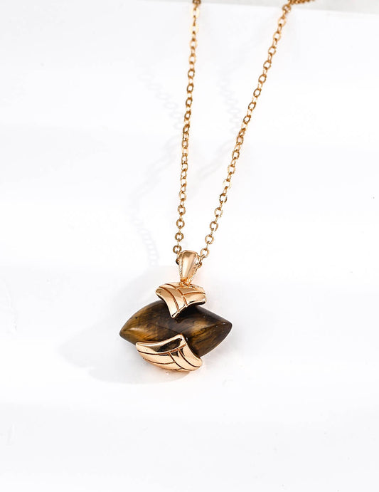 Vintage Tiger's Eye Pendant Necklace, Gold-Plated S925 Silver