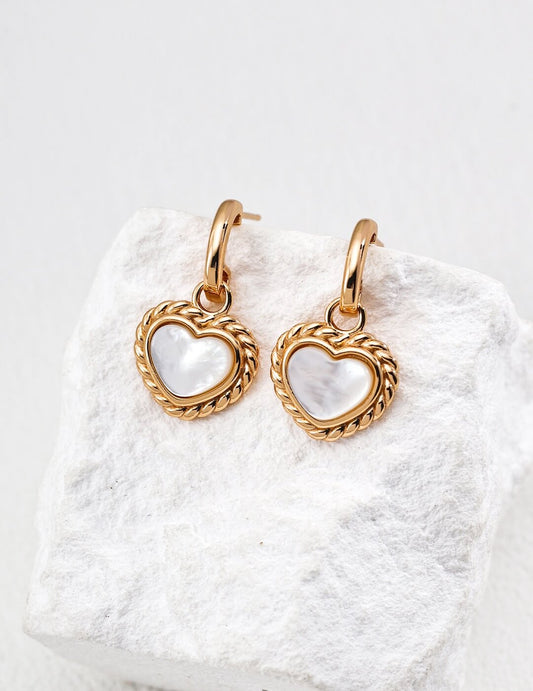 Elegant Vintage Heart Earrings with White Mother-of-Pearl, S925 Gold-Plated