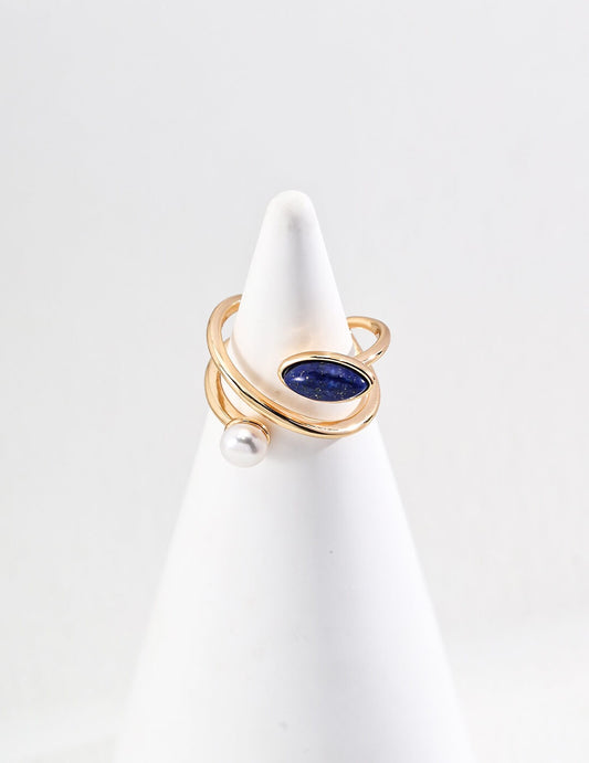 Minimalist Lapis Lazuli & Pearl Ring, S925 Gold-Plated Silver
