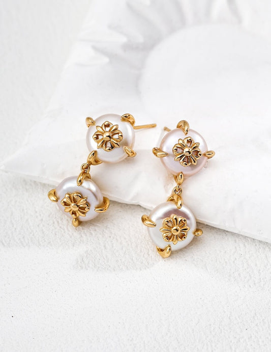 Vintage-Inspired Natural Pearl Earrings, S925 Sterling Silver with 18K Gold