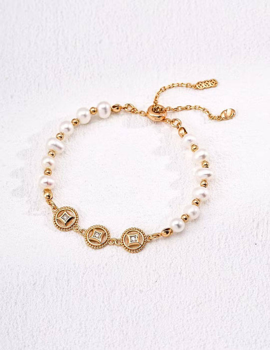 Fortune Series Pearl & Gold Chain Bracelet, Gold-Plated S925 Silver